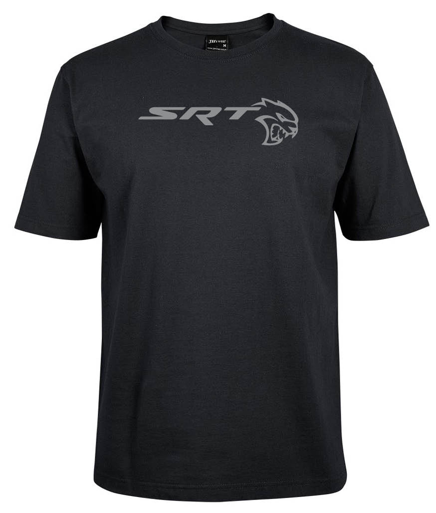 The Charger STR Shirt by Corsa Clothing is a black tee showcasing a silver SRT logo and a stylized wildcat head graphic on the chest.