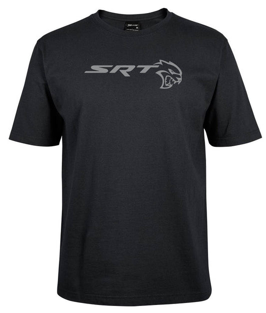 The Charger STR Shirt by Corsa Clothing is a black tee showcasing a silver SRT logo and a stylized wildcat head graphic on the chest.