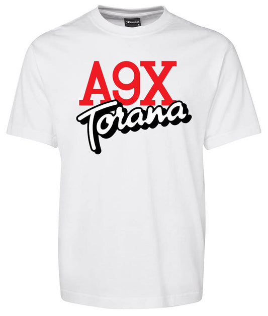 The A9XTorana Shirt by Corsa Clothing features bold red “A9X” lettering above black and white script “Torana” on the front.
