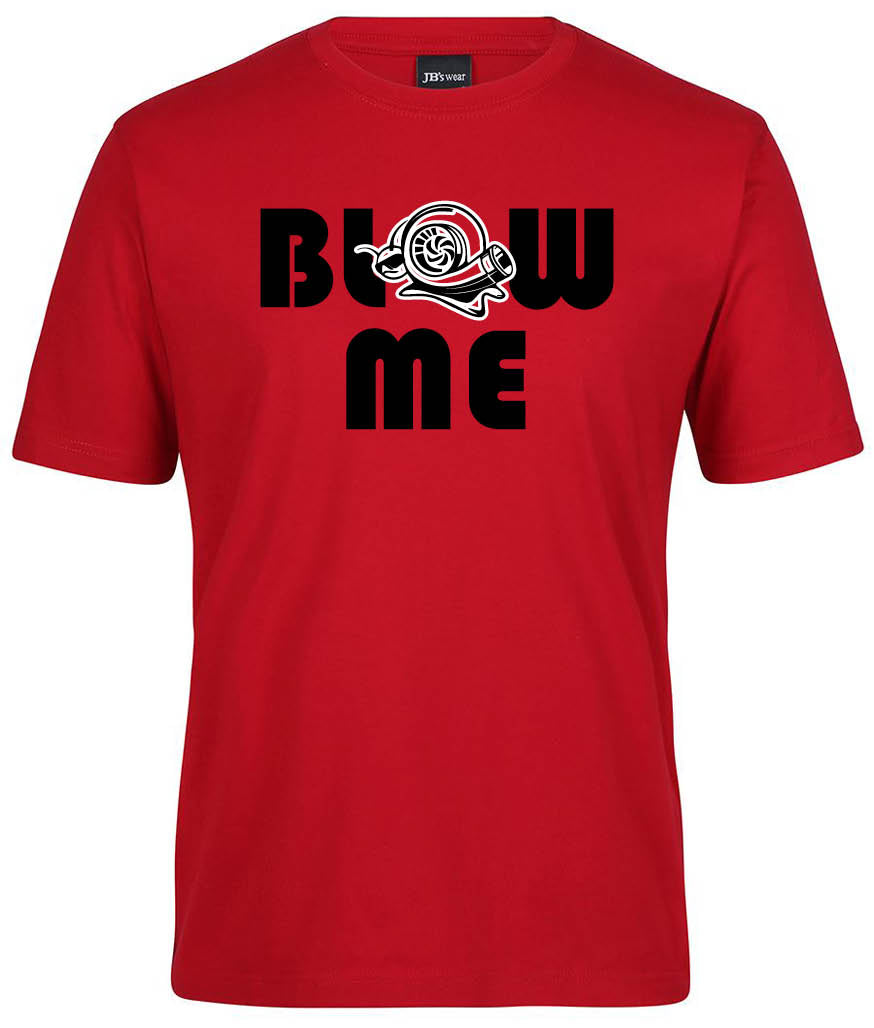The Blow Me Shirt by Corsa Clothing features "BLOW ME" in bold black letters with a turbocharger illustration between the words.