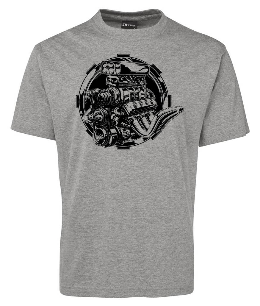 The Engine Muscle Car Shirt by Corsa Clothing is a gray short-sleeve tee with a bold black car engine graphic front and center.