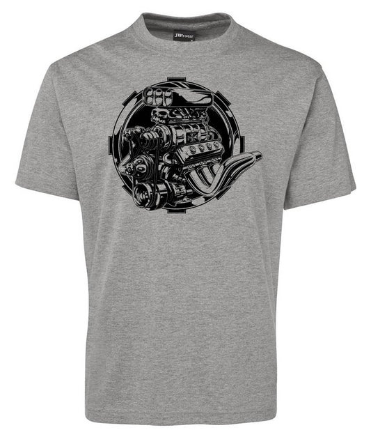 The Engine Muscle Car Shirt by Corsa Clothing is a gray short-sleeve tee with a bold black car engine graphic front and center.