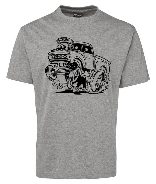The Corsa Clothing Muscle Car Shirt is a gray tee with a black line drawing of a lifted monster truck, big tires, and raised front end kicking up dirt as it powers forward.
