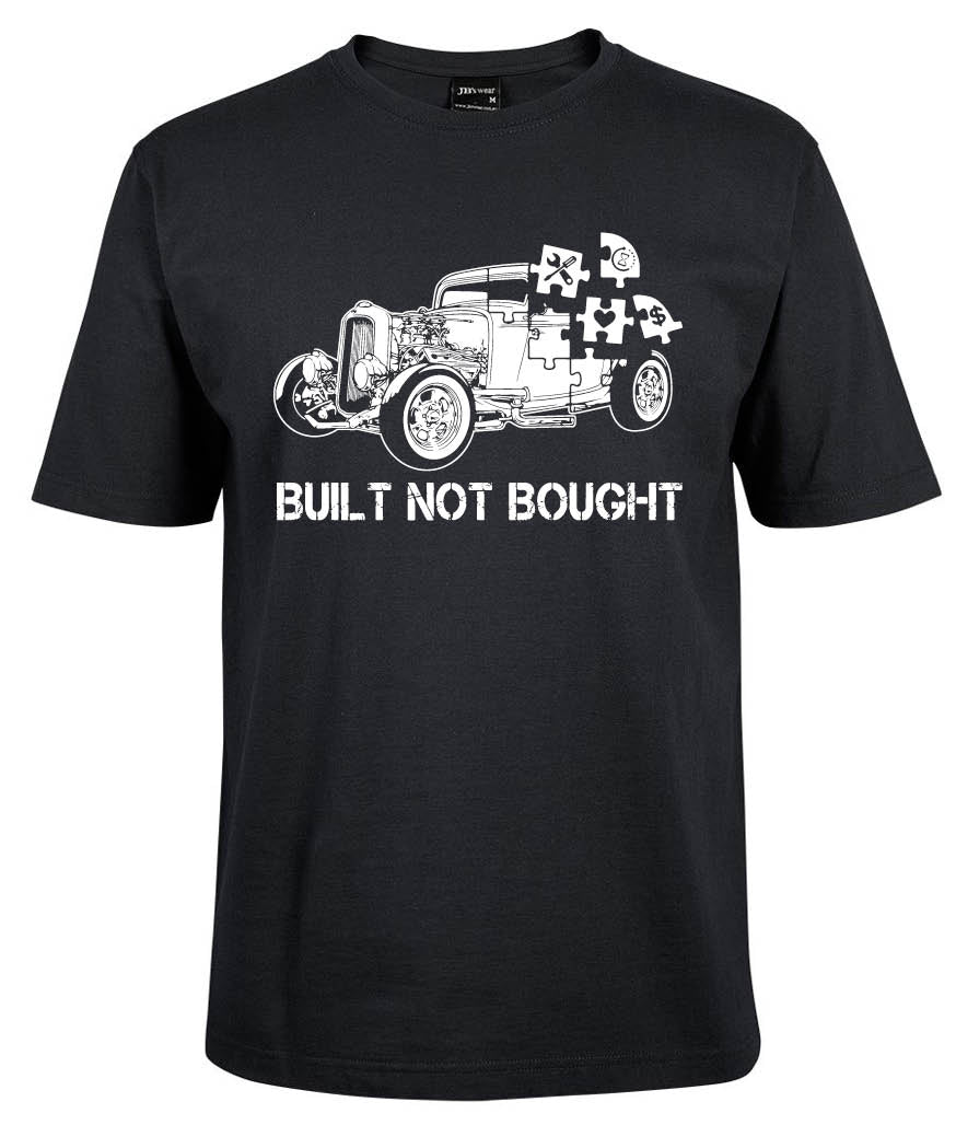 The Built Not Bought Shirt by Corsa Clothing is a black tee with a white graphic of a vintage car made of puzzle pieces and "BUILT NOT BOUGHT" in distressed capital letters.
