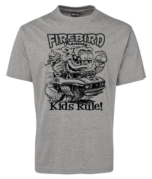 The Corsa Clothing FireBird Shirt features a gray tee with a cartoon pig racing a car, smoke rising from the tires. “FIREBIRD Raceway” appears above and “Kids Rule!” below in bold letters.
