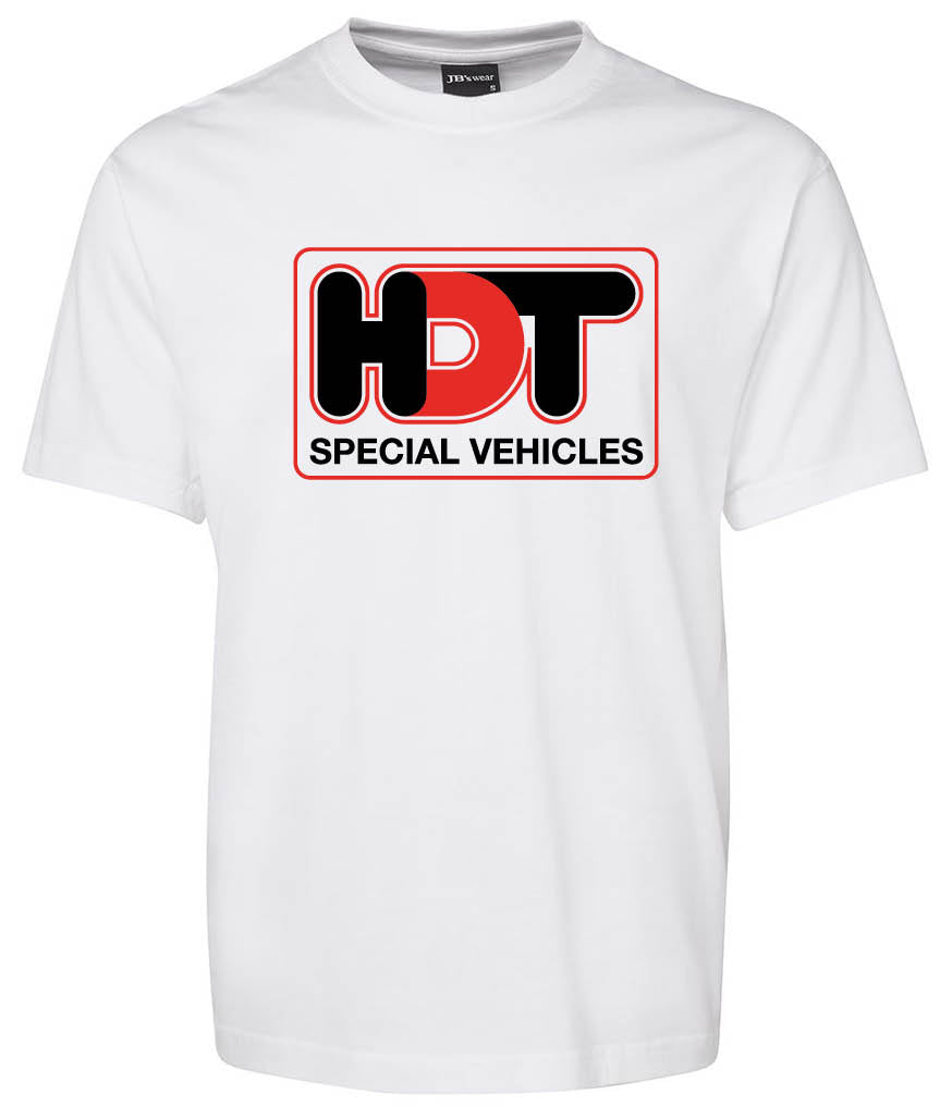 The HOT Special Vehicles Shirt by Corsa Clothing is a white tee with a bold black and red HDT logo above "SPECIAL VEHICLES" in black, all within a red-outlined rectangle on the chest.