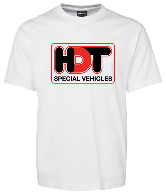 The HOT Special Vehicles Shirt by Corsa Clothing is a white tee with a bold black and red HDT logo above "SPECIAL VEHICLES" in black, all within a red-outlined rectangle on the chest.