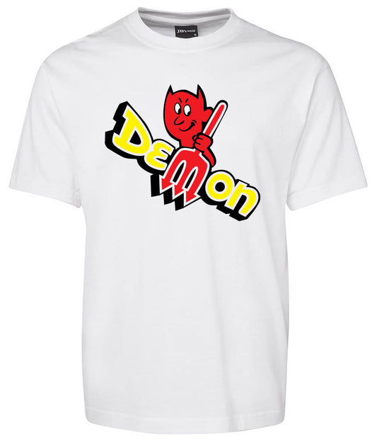 The Demon Shirt White by Corsa Clothing features a cartoon red devil with a pitchfork and bold yellow, black, and white "Demon" lettering on a classic white tee.