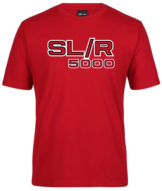 The Corsa Clothing SL/R 5000 Shirt is a plain red tee featuring "SL/R 5000" in bold white letters outlined in black and red across the chest.