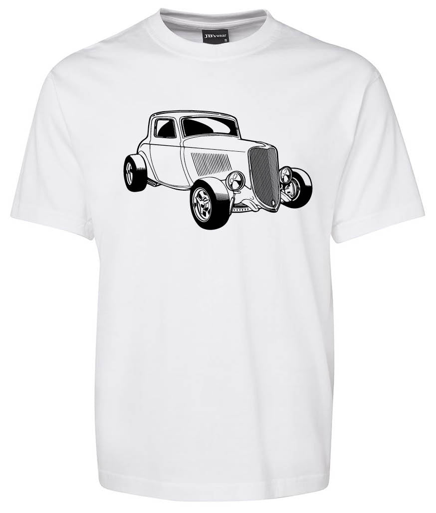 The Classic Shirt by Corsa Clothing is a white tee with a bold black and white vintage car illustration, featuring stylized lines and prominent wheels on the front.