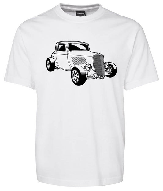 The Classic Shirt by Corsa Clothing is a white tee with a bold black and white vintage car illustration, featuring stylized lines and prominent wheels on the front.