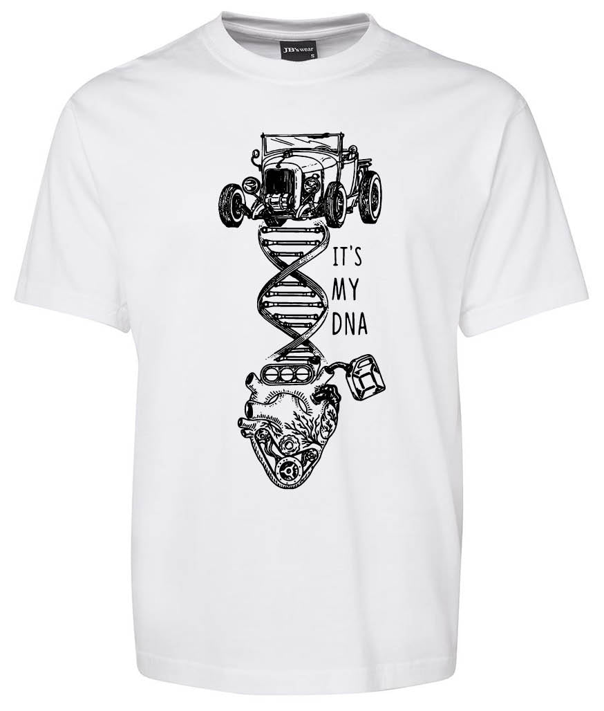 The DNA Classic Shirt by Corsa Clothing is a white tee with a classic car, double helix, engine graphic, and “ITS MY DNA” text in the design.