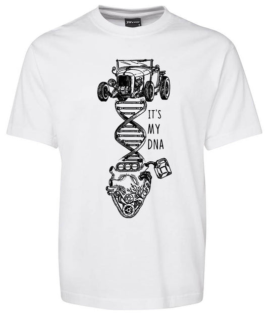The DNA Classic Shirt by Corsa Clothing is a white tee with a classic car, double helix, engine graphic, and “ITS MY DNA” text in the design.
