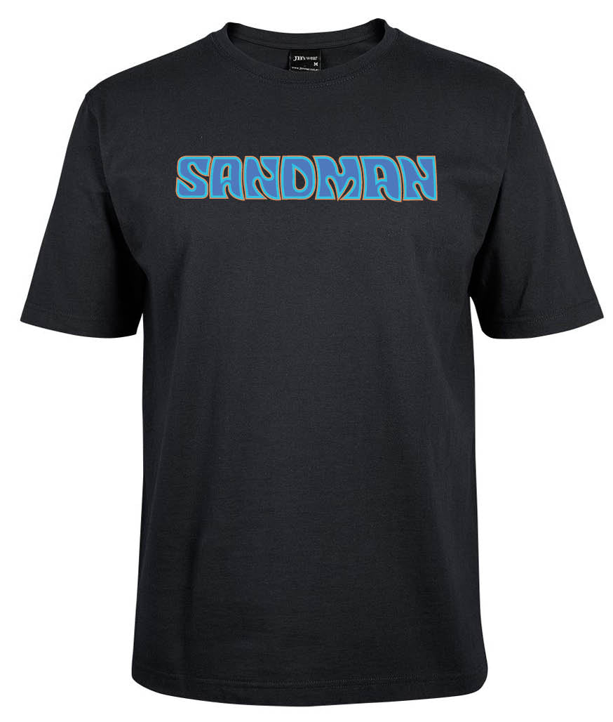 The Corsa Clothing Sandmand Shirt is a black tee featuring "SANDMAN" in large, bold blue letters outlined in yellow across the chest.