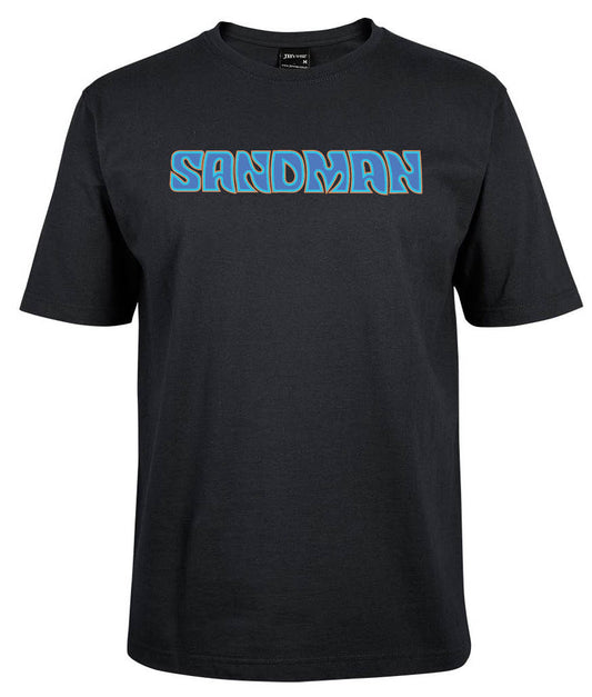 The Corsa Clothing Sandmand Shirt is a black tee featuring "SANDMAN" in large, bold blue letters outlined in yellow across the chest.