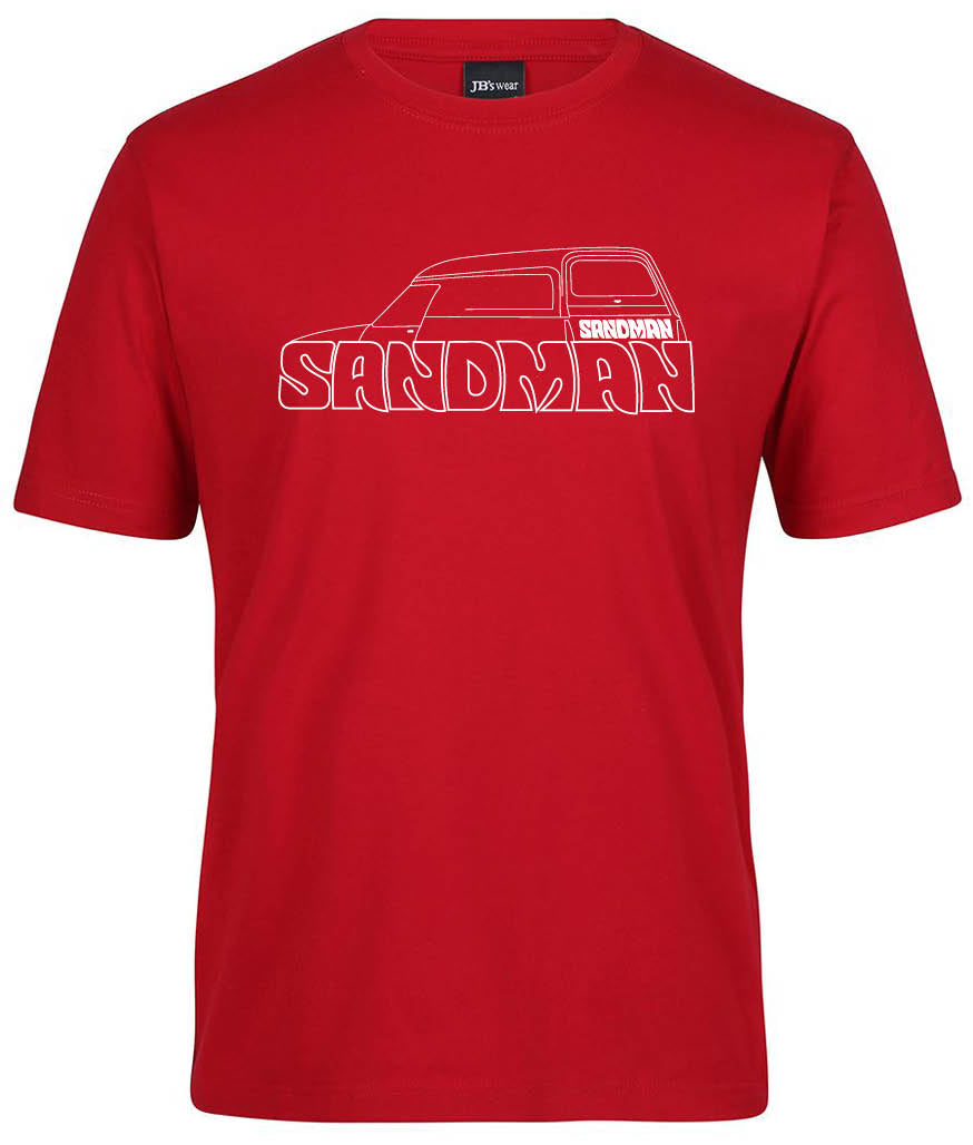 The Sandman Shirt by Corsa Clothing is a red tee with a white outline van and SANDMAN graphic across the chest.