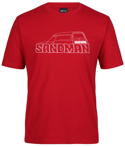 The Sandman Shirt by Corsa Clothing is a red tee with a white outline van and SANDMAN graphic across the chest.