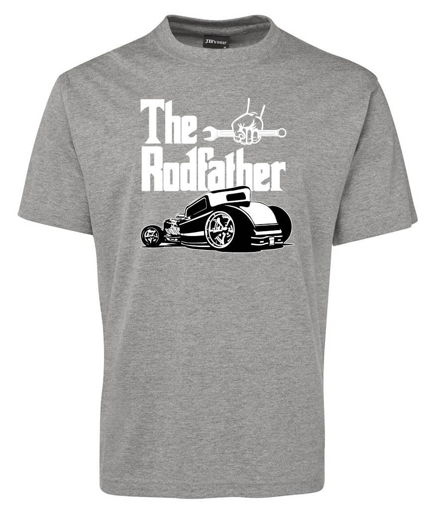 The RodFather Shirt by Corsa Clothing: gray tee featuring “The RodFather” text with a wrench graphic styled like The Godfather logo above and a classic hot rod car illustration below.