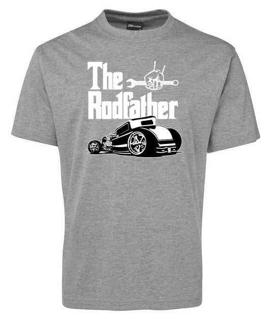The RodFather Shirt by Corsa Clothing: gray tee featuring “The RodFather” text with a wrench graphic styled like The Godfather logo above and a classic hot rod car illustration below.