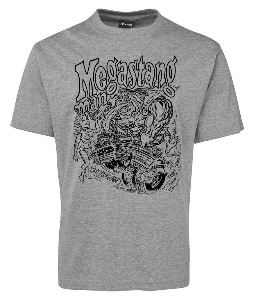 The Megastang Man Shirt by Corsa Clothing features gray fabric with black line art of a muscular, monstrous man lifting a car, "Megastang Man" text above, a woman standing nearby, and "SCHWING" near the car.