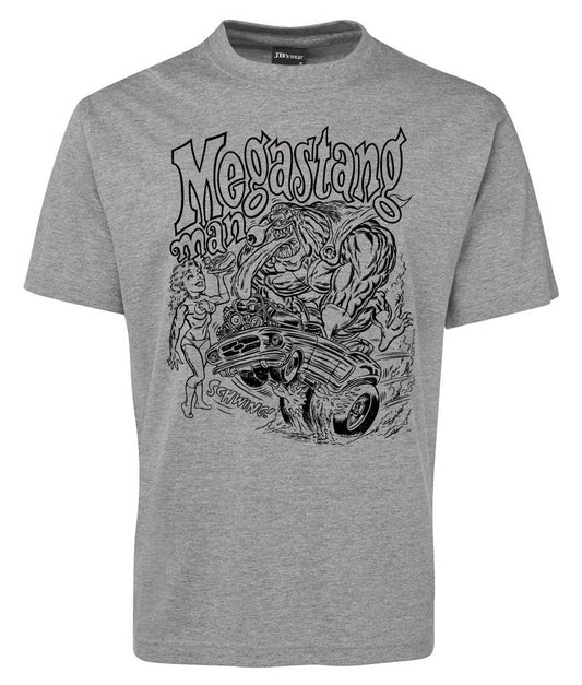 The Megastang Man Shirt by Corsa Clothing features gray fabric with black line art of a muscular, monstrous man lifting a car, "Megastang Man" text above, a woman standing nearby, and "SCHWING" near the car.