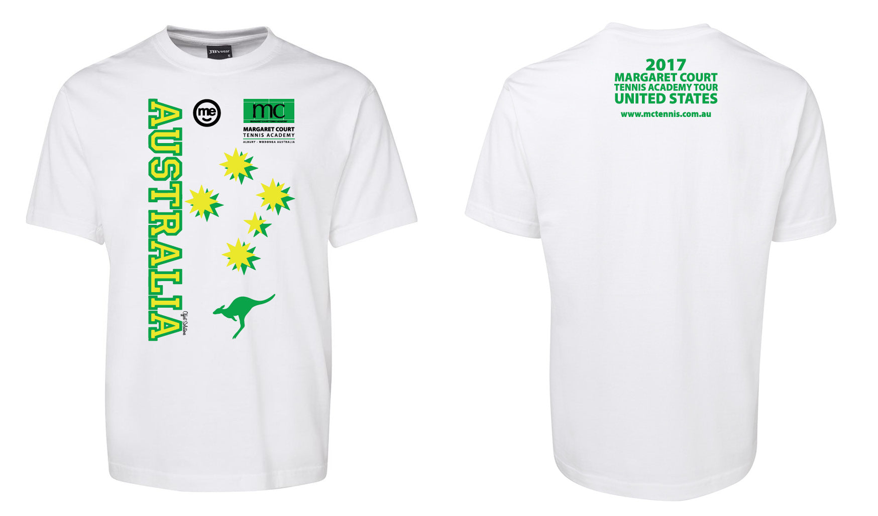 The Corsa Clothing MARGARET COURT Austrelia Shirt features “AUSTRALIA” with green and yellow stars, logos, and a kangaroo on the front. The back displays green text about the 2017 Margaret Court Tennis Academy Tour in the USA.