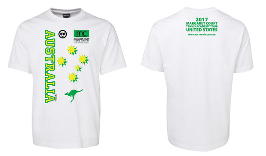 The Corsa Clothing MARGARET COURT Austrelia Shirt features “AUSTRALIA” with green and yellow stars, logos, and a kangaroo on the front. The back displays green text about the 2017 Margaret Court Tennis Academy Tour in the USA.