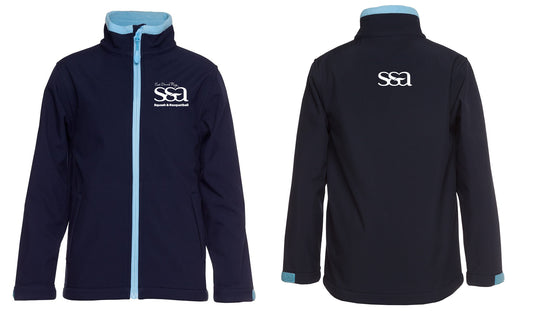The S & A Logo Jacket by Corsa Clothing is navy blue with a light blue inner collar and zipper. Both front and back feature a white SSA logo and "Spanish & Skiing school" on the chest.
