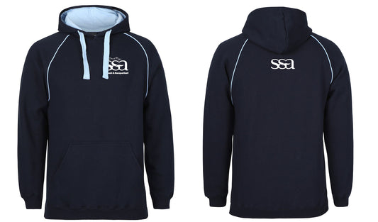 Front and back view of the S & A Logo Hoodie by Corsa Clothing in navy blue with light blue hood lining and drawstrings. Features a white SSA logo and text on the chest, plus a large white SSA logo on the upper back.