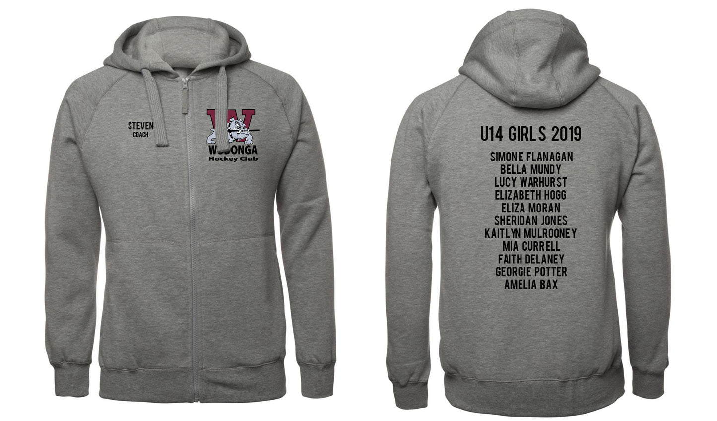 The Corsa Clothing wodonga hockey club hoodie is shown in grey with a front WJ HOCKEY and STEVEN COACH logo, and a back print featuring U14 GIRLS 2019 and names in black text.