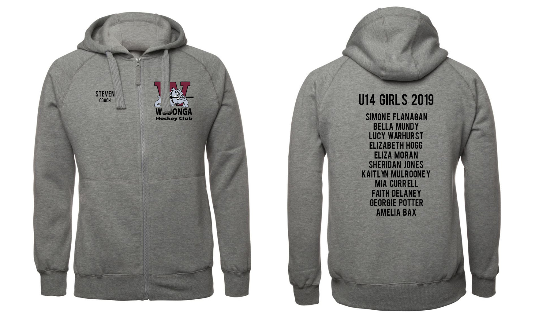 The Corsa Clothing wodonga hockey club hoodie is shown in grey with a front WJ HOCKEY and STEVEN COACH logo, and a back print featuring U14 GIRLS 2019 and names in black text.