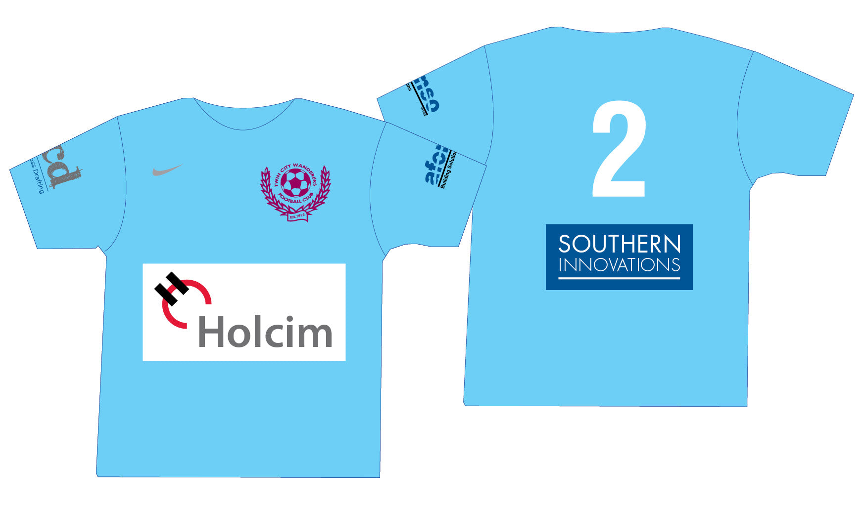 A light blue Blank Shirt by Corsa Clothing features a maroon crest and “Holcim” logo on the front, “Southern Innovations” and number 2 on the back, plus additional sponsor logos on the sleeves.
