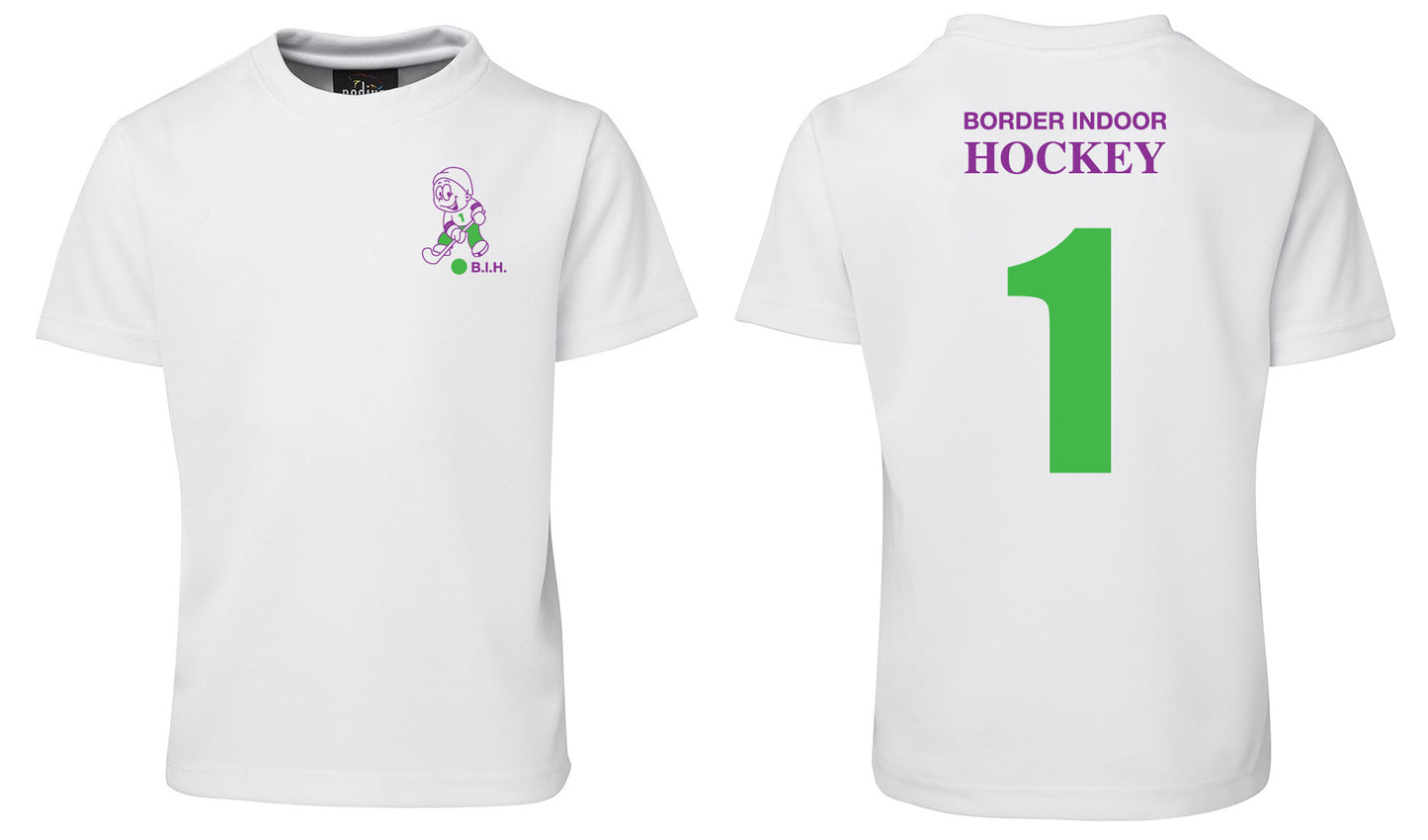 The Corsa Clothing border indood hokey 1 shirt features a white base with a small cartoon hockey player and "B.I.H." in green and purple on the front, plus a large green number 1 and "BORDER INDOOR HOCKEY" in purple on the back.
