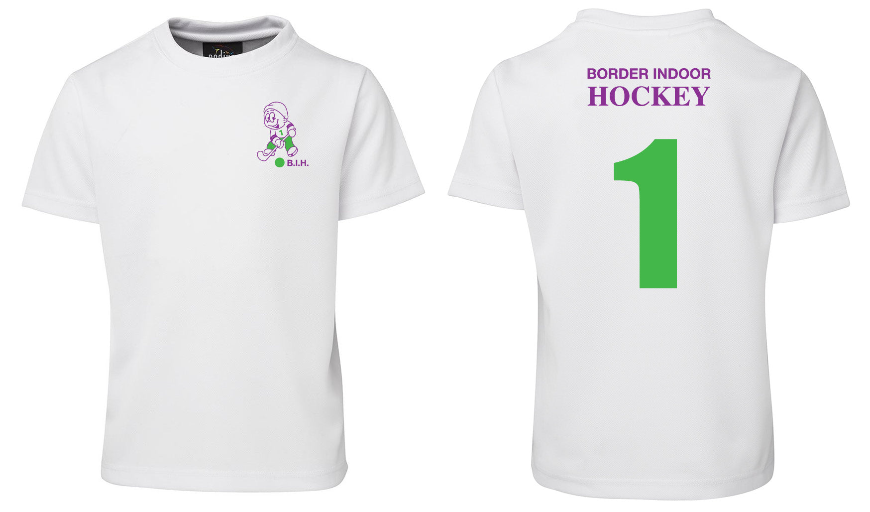 The Corsa Clothing border indood hokey 1 shirt features a white base with a small cartoon hockey player and "B.I.H." in green and purple on the front, plus a large green number 1 and "BORDER INDOOR HOCKEY" in purple on the back.