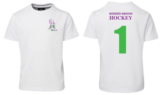 The Corsa Clothing border indood hokey 1 shirt features a white base with a small cartoon hockey player and "B.I.H." in green and purple on the front, plus a large green number 1 and "BORDER INDOOR HOCKEY" in purple on the back.