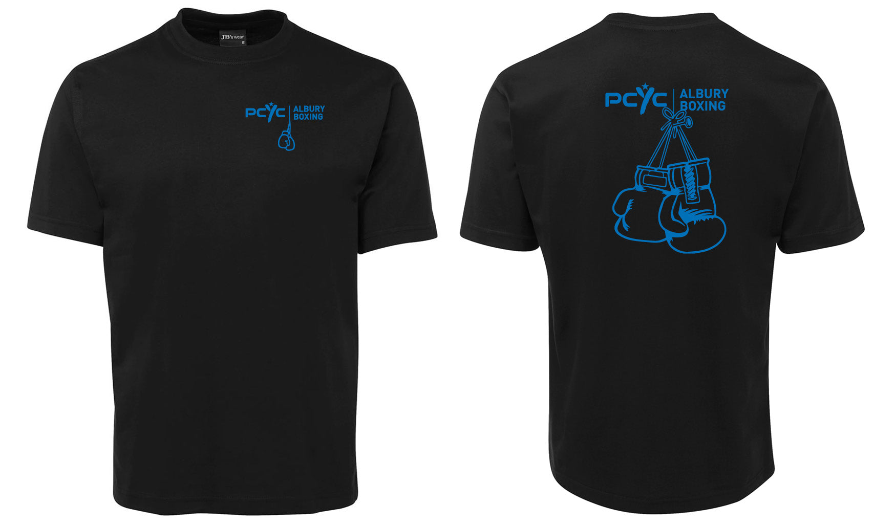 The Corsa Clothing PCYC Boxing Shirt is a black tee with a small blue "PCYC Albury Boxing" logo and glove outline on the front left, plus a large blue graphic of hanging gloves and matching text on the back.