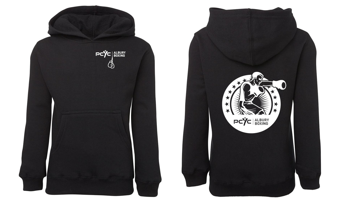 The PCYC Boxing Hoodie by Corsa Clothing is a black hoodie featuring a small white PCYC Albury Boxing logo on the front chest and a large boxer graphic with stars and text on the back.