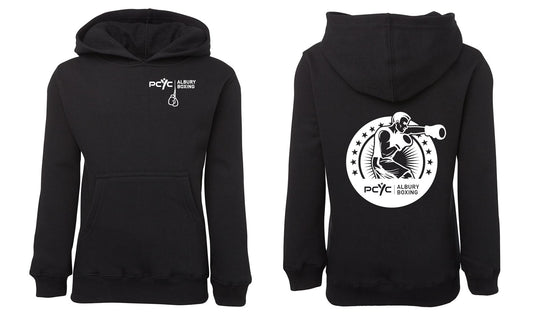 The PCYC Boxing Hoodie by Corsa Clothing is a black hoodie featuring a small white PCYC Albury Boxing logo on the front chest and a large boxer graphic with stars and text on the back.