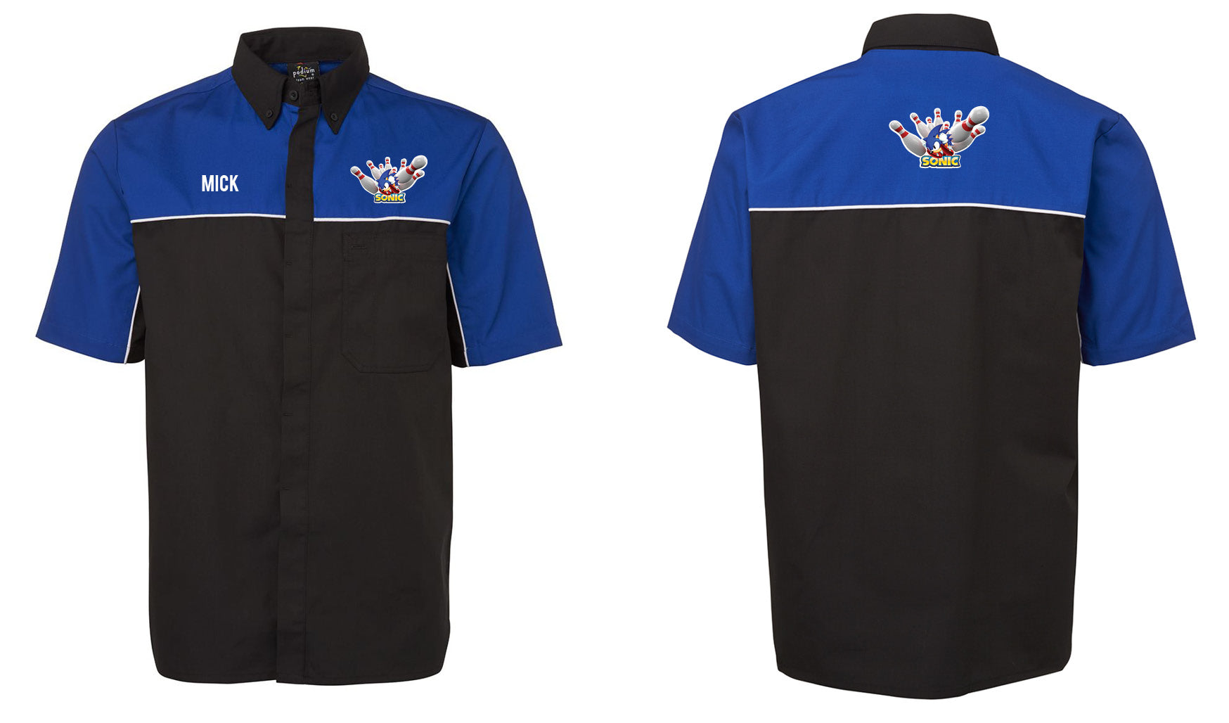 The Corsa Clothing Sonic Shirt features short sleeves, blue shoulders and sleeves, black front and back with white piping on the chest and upper back, an embroidered bowling logo, and "MICK" on the left chest. Front and back views shown.