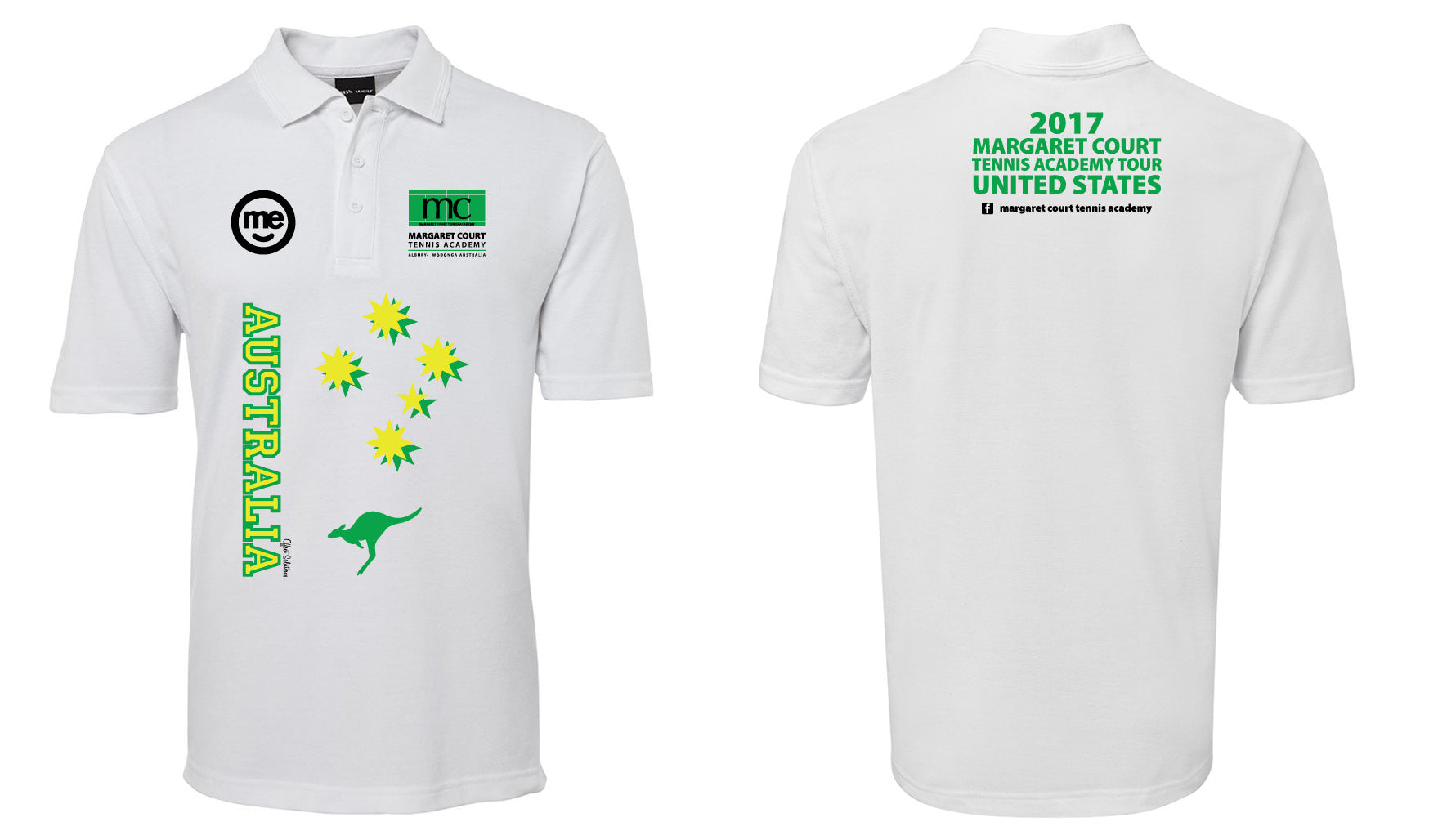 The MARGARET COURT Australia Shirt by Corsa Clothing features green and yellow Australia-themed graphics—stars, a kangaroo, AUSTRALIA text—on the front. The back has green text about a 2017 tennis academy tour in the US.