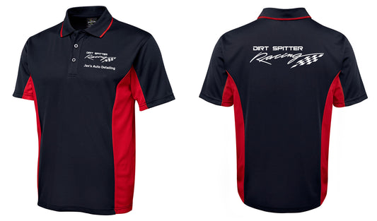 The Racing Shirt by Corsa Clothing features a navy blue and red design with front Dirt Spitter Racing and Jims Auto Detailing logos, plus a large Dirt Spitter Racing logo with racing flags on the back. Front and back views shown.