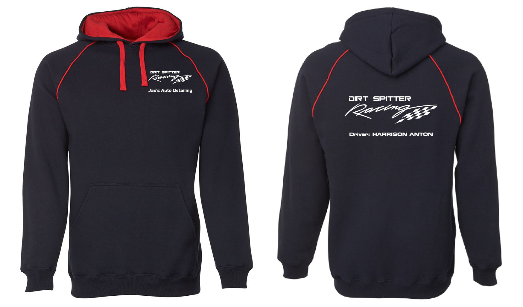 The Racing Hoodie by Corsa Clothing is a black hoodie with red accents, Dirt Spitter Racing logos, checkered flags front and back, "Jacks Auto Detailing" on the front, and "Driver: Harrison Anton" on the back.