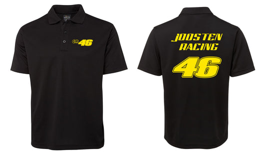 The Corsa Clothing CR 46 Shirt is a black polo featuring a small yellow 46 logo on the left chest and bold yellow JOOSTEN RACING lettering above a large yellow 46 on the back.