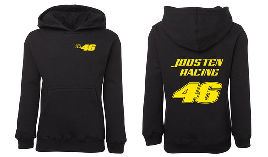 The CR 46 Hoodie by Corsa Clothing is a black sweatshirt featuring "GR 46" in yellow on the left chest and "JOOSTEN RACING" with a large yellow 46 on the back. Front and back views shown.