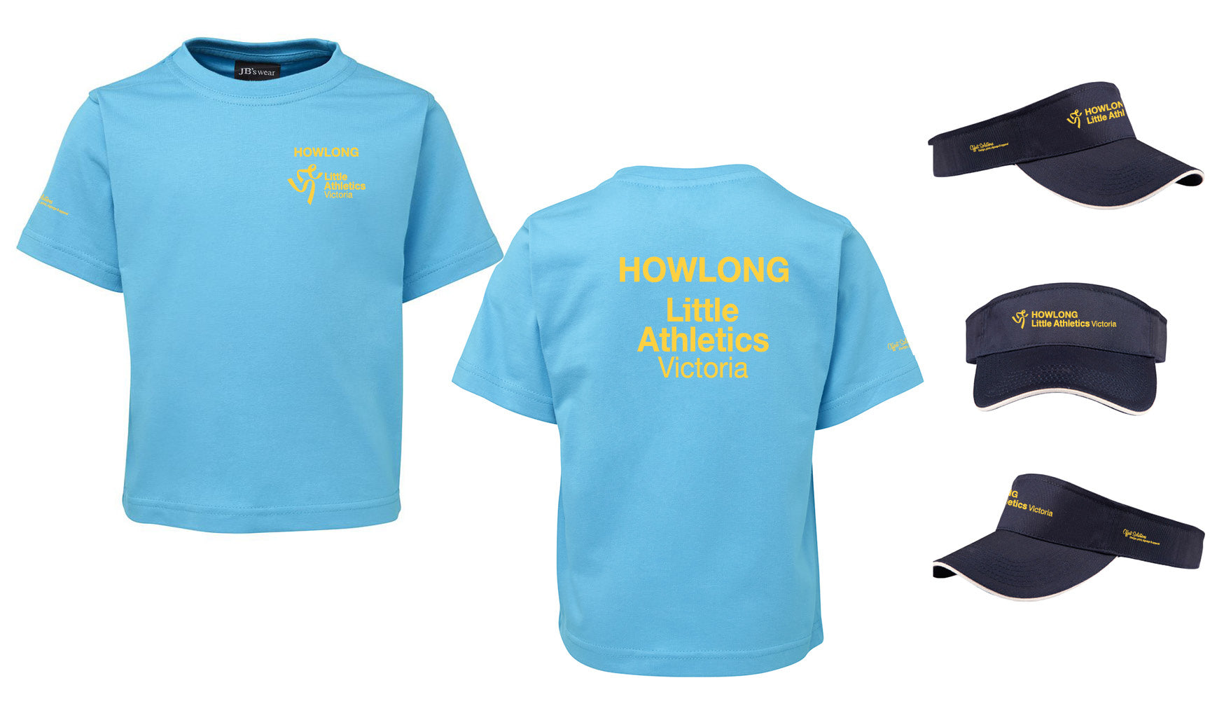 HOWLONG Golf Shirt and Hat by Corsa Clothing: Light blue children's shirt with Little Athletics Victoria and yellow logo, shown front and back. Three dark blue visors with yellow text and logo displayed on the right.
