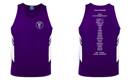 The MFC Jersey by Corsa Clothing is a purple sleeveless sports top with white stripes on the sides, a white logo on the front left chest, and "AWFA U/16 PREMIERS 2017" with a list of names on the back.