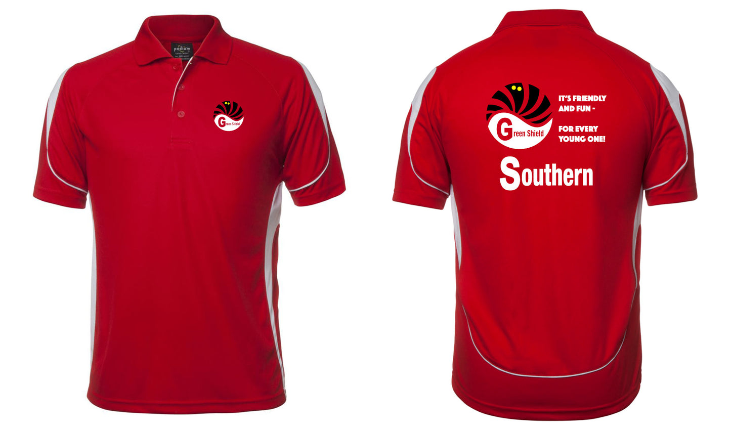 Corsa Clothing Sounthern Shirt: Red polo with white trim, colorful front chest logo and "Gems Side" text. Back features same logo, "ITS FRIENDLY! AND FUN! FOR EVERY YOUNG ONE! Southern," and a large white G.