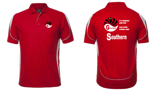 Corsa Clothing Sounthern Shirt: Red polo with white trim, colorful front chest logo and "Gems Side" text. Back features same logo, "ITS FRIENDLY! AND FUN! FOR EVERY YOUNG ONE! Southern," and a large white G.