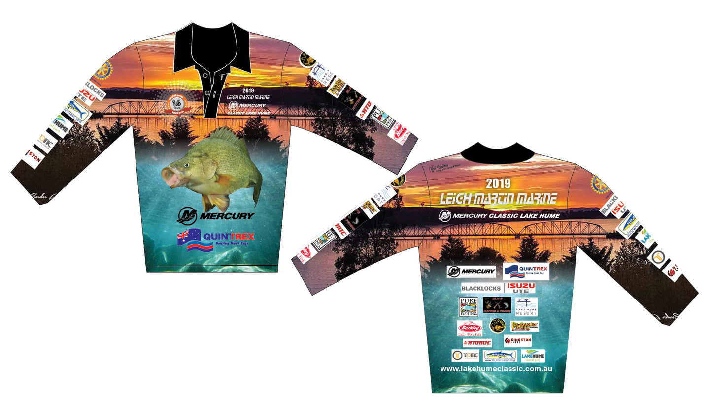 The Corsa Clothing 2019 LEIGH MARTIN MARINE Shirt features sponsor logos, a large fish graphic and “2019 Mercury Classic Lake Hume” text over a sunset lake on the front; the back shows more sponsor logos and the event website.