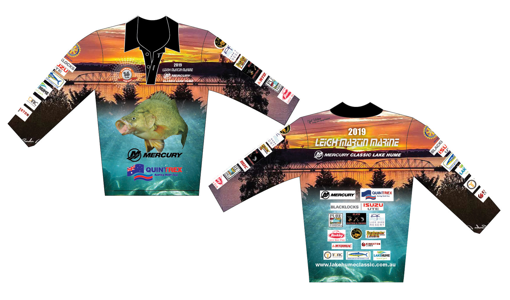 The Corsa Clothing 2019 LEIGH MARTIN MARINE Shirt features sponsor logos, a large fish graphic and “2019 Mercury Classic Lake Hume” text over a sunset lake on the front; the back shows more sponsor logos and the event website.